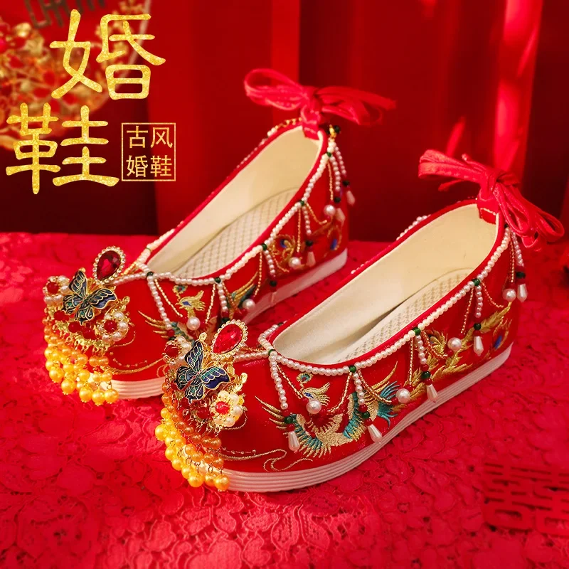 ใหม่หรูหรา Xiuhe รองเท้าจีน Phoenix Crown เจ้าสาวสีแดงปักรองเท้า Hanfu แพลตฟอร์มรองเท้า
