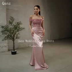 Qanz Pink Sequined Evening Dresses Mermaid Off Shoulder Robe De Soirée Luxe élégante Slit Lace Up Back Party Gown Customized