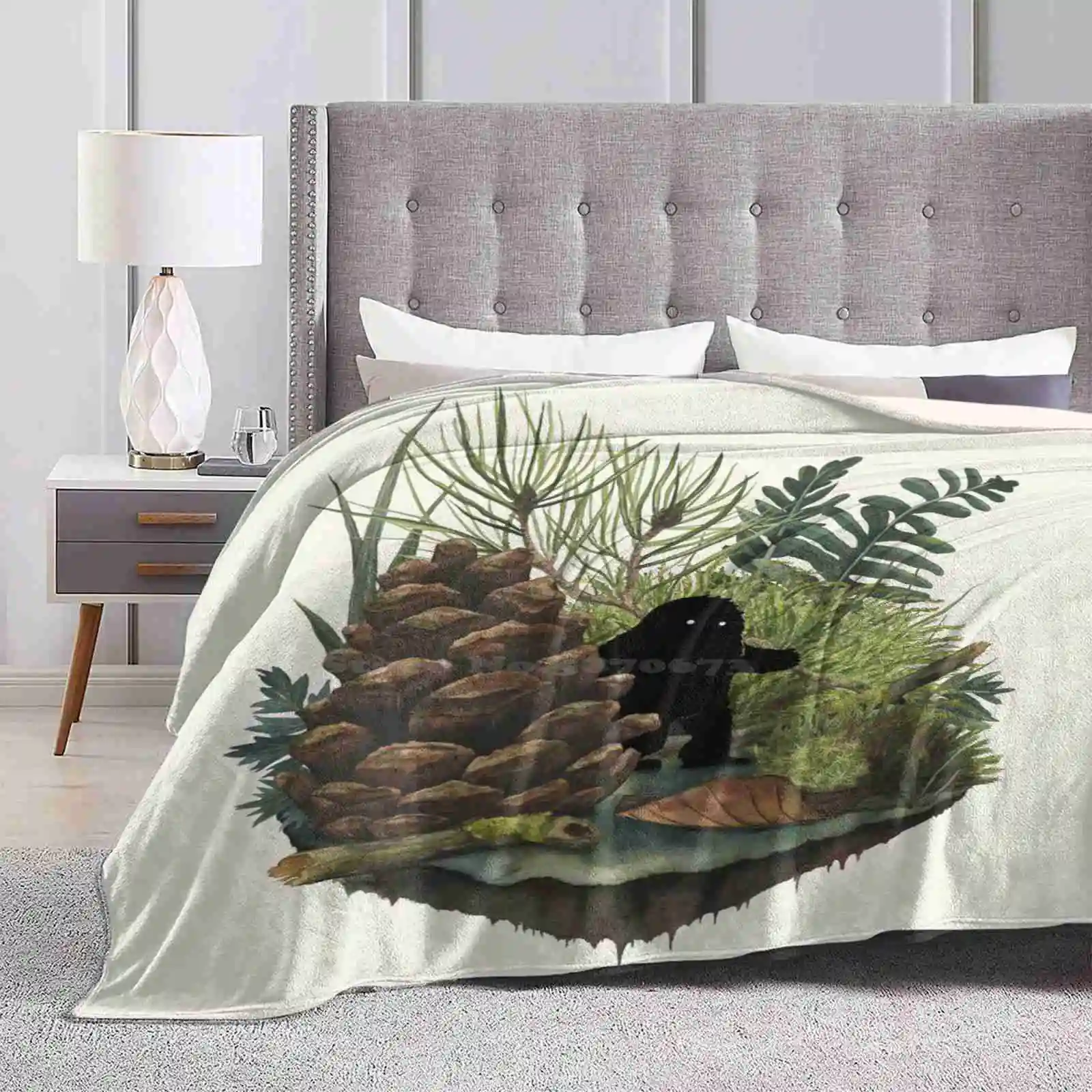 Tiny Sasquatch Best Selling Room Household Flannel Blanket Bigfoot Monster Pinecone Forest Woods Nature Cute Fern Moss Woodland