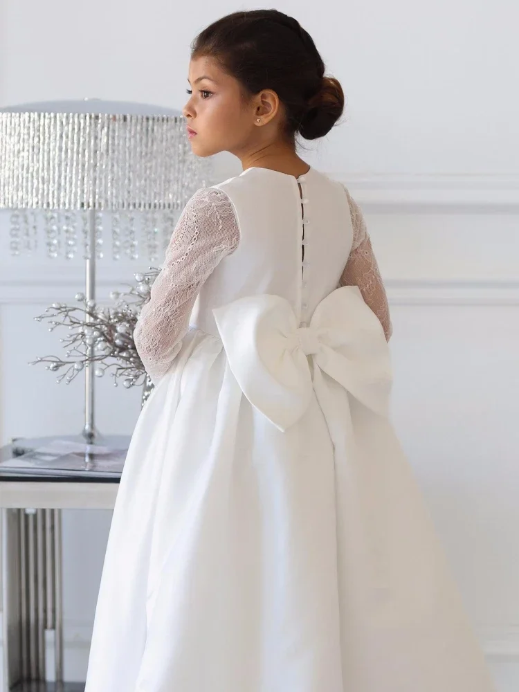 Birthday Evening Banquet Gowns Customized Flower Girl Dresses White Satin Appliques With Bow Long Sleeve For Wedding