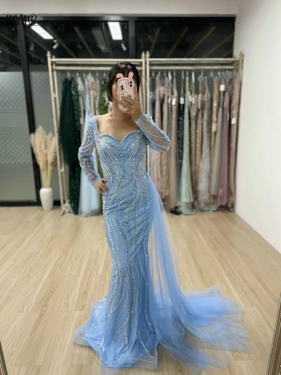 MYMB Blue Luxurious Peach Neck Long Sleeves Formal Occasion Dresses 2024 Arabic Beaded Mermiad Prom Party Gown with Side Train