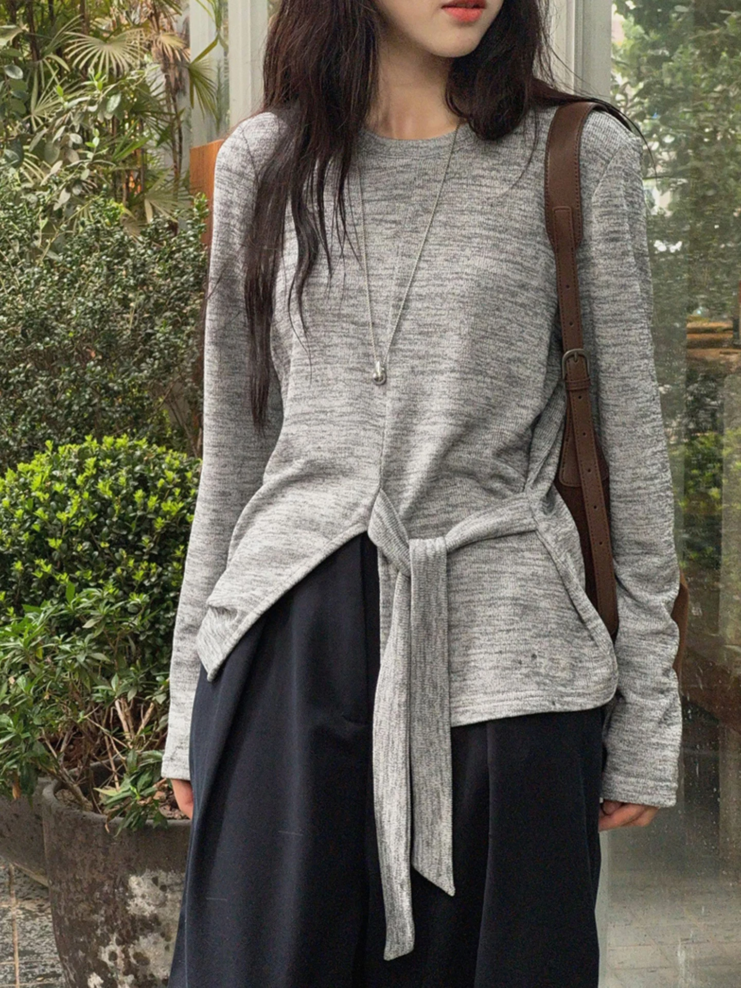 Korean Sle Knitted Long Sve Wrap Top Women's Base Layer irt round Ne Pure Color Design Sensation Autumn Faion