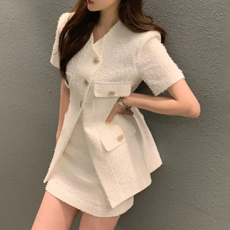 Elegant V-neck Single-breasted Textured Pocket Decoration Short Coat+high Waist Pocket Hip Skirt 2024 Summer Korean Chic Coats