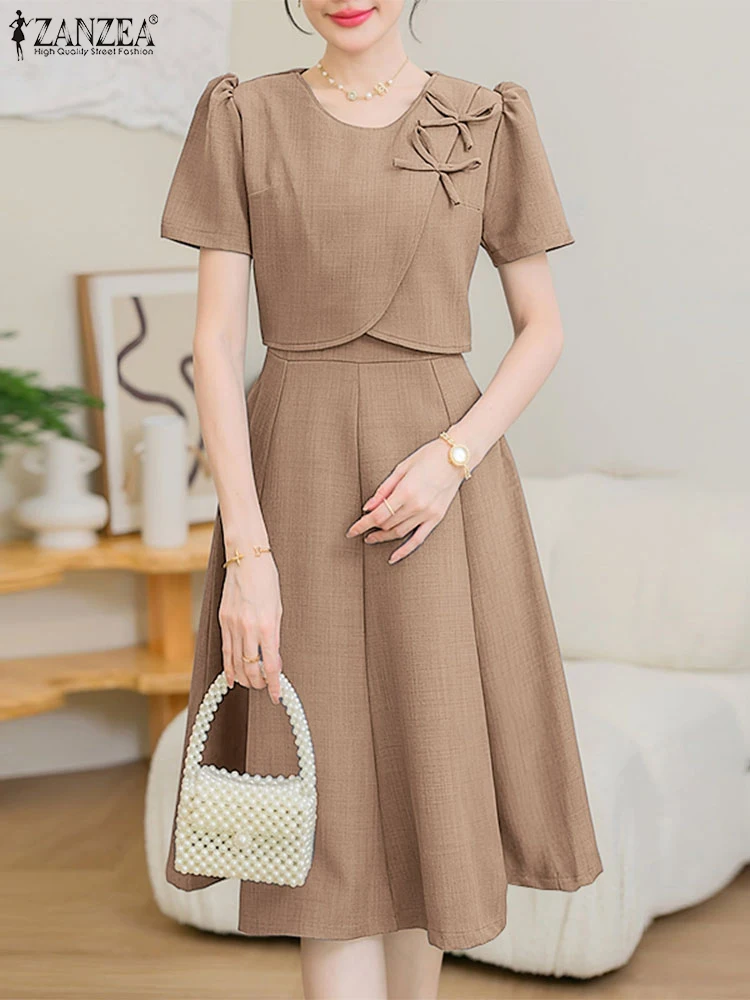 ZANZEA Elegante Frauen OL Arbeitskleider 2025, Sommerkleid, kurze Ärmel, Bögen, Sommerkleid, stilvoll, tailliert, A-Linie, Party, Vestido, Midi-Robe