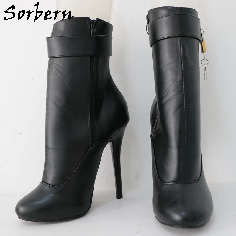 Sorbern Retro Round Toe Boots Women With Locks Ankle High Burlesque Heel Unisex Booties Stilettos Round Toe Custom Size 36-46