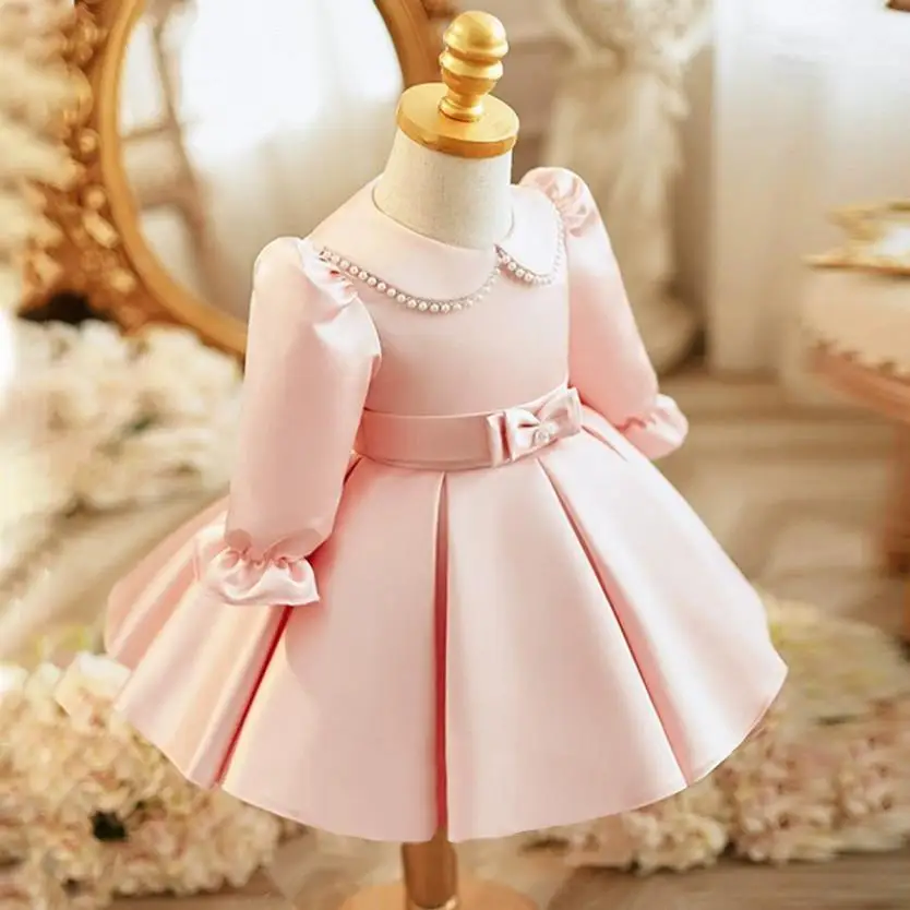 2024 New Children\'s Princess Ball Gown Bow Pearls Long Sleeve Design Kids Wedding Birthday Baptism Party Dresses For Eid  A3640