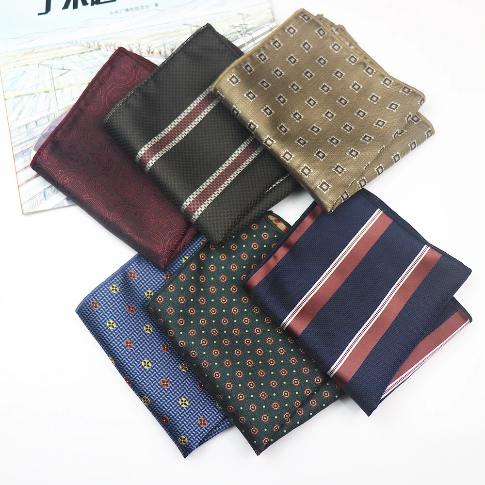 23CM New Brown Floral Pocket Square Mens Formal Luxury Navy Khaki Striped Handkerchief Wedding Tie Accessories Groom Shirt Hanky