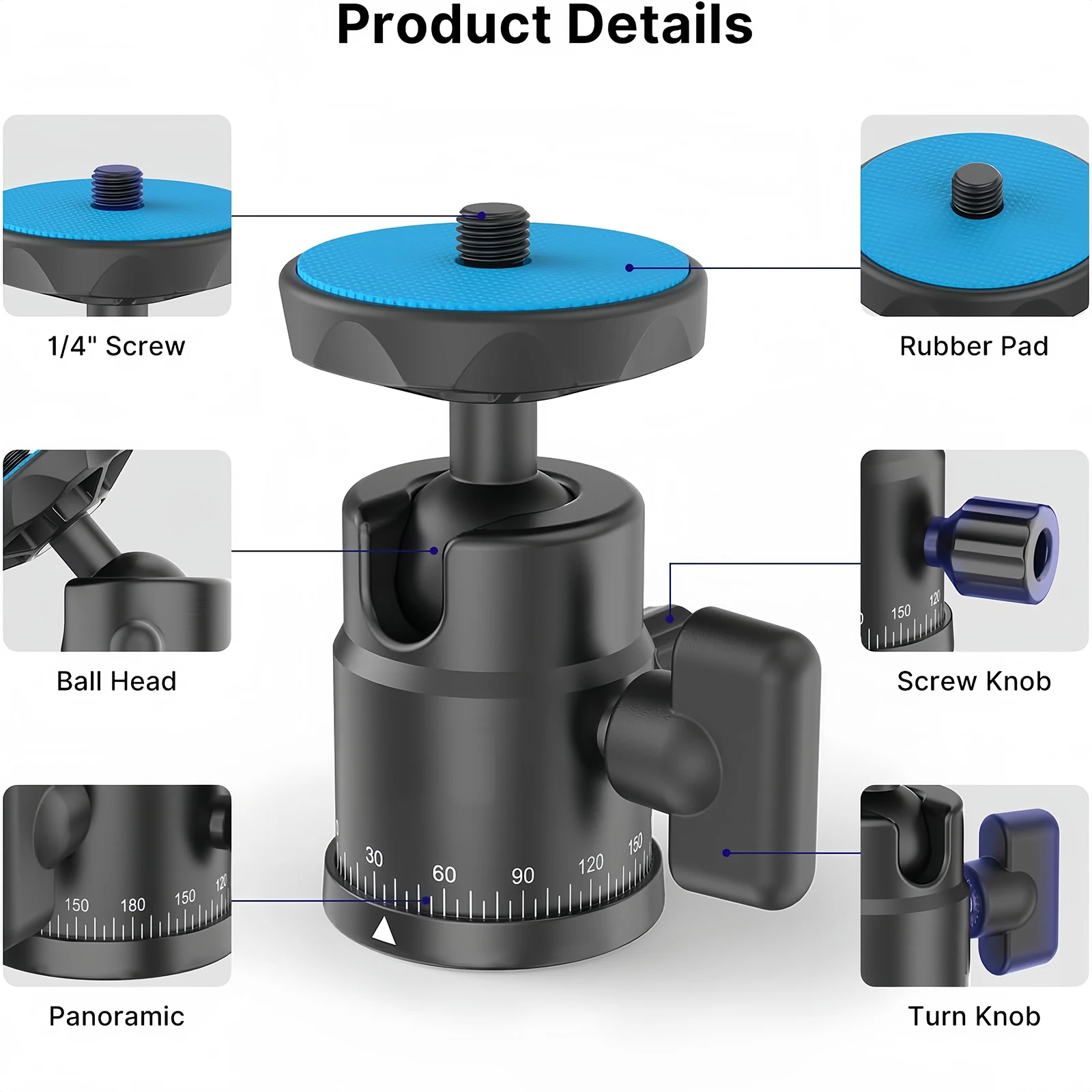 Lanxire Mini Ball Head with Dual Hot Shoe & 360° Panoramic,  5.5lb Load for DSLR/Action Cam/Phone, Cold Shoe Mount for Mic/Light
