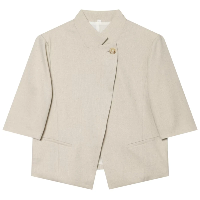 HXAO Cropped Linen Blazers For Women Asymmetric Button Office Wear Suits Summer Autumn Short Sleeve Elegant Women's Blazers