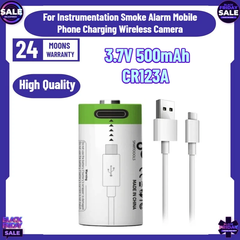 3.7V 500mAh CR123A Large Capacity Lithium Battery for Instrumentation Smoke Alarm Mobile Phone Charging Wireless Camera