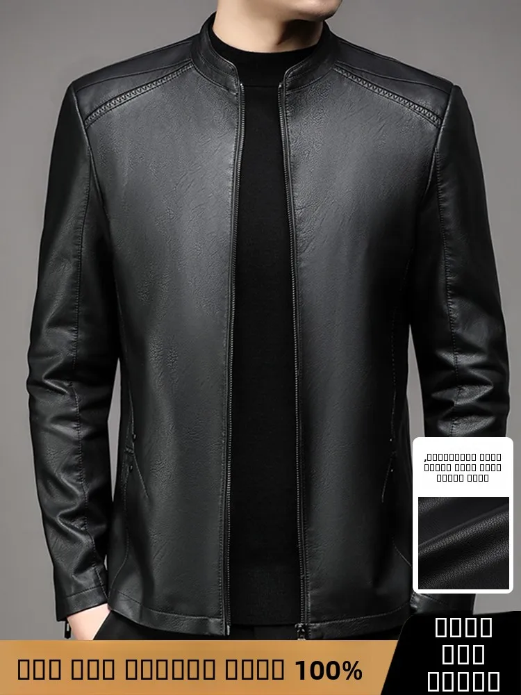 

Middle-aged Busin Men's Real Deer Skin Leather Jaet Autumn Winter Sle Stand Collar Zipper Casual Dad Clothes