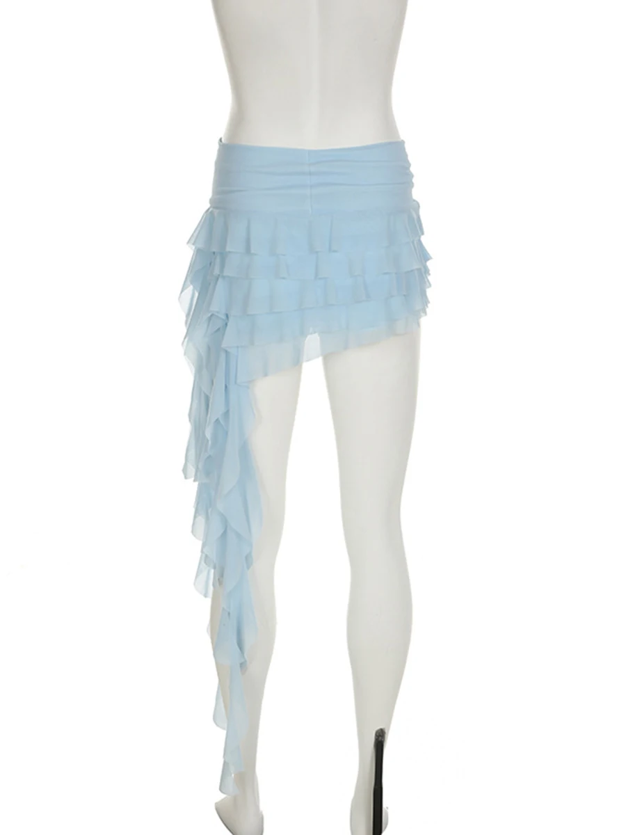 Nueva ropa de mujer 2025, falda fluida de malla con volantes de estilo festivo, falda de malla con cinta Irregular versátil de cintura baja