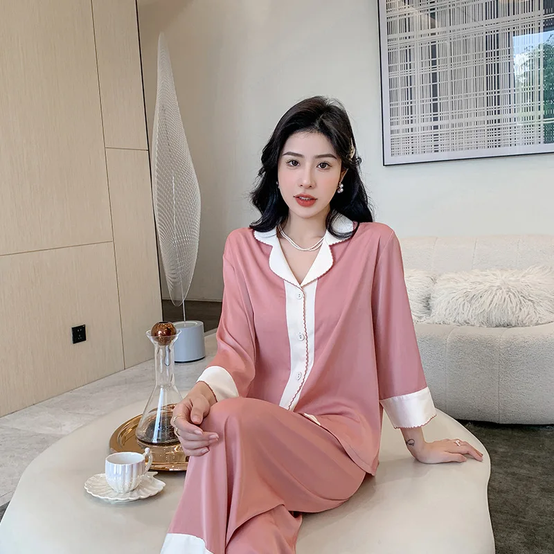 New pajamas women's summer long-sleeved spring  suit cardigan high-end sense large size can be worn outside thin imitation silk