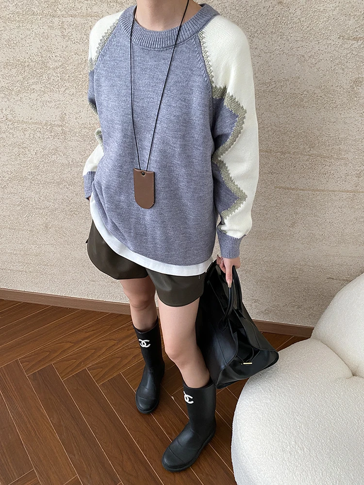 Gray Color-block Big Size Knitting Sweater Round Neck Long Sleeve Women Pullovers New Fashion Spring Autumn