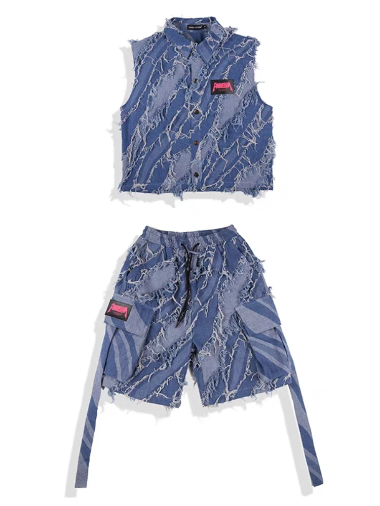 Neue Hip Hop Street Dance Kleidung für Kinder Blau Denim Weste Shorts T-shirt Jungen Mädchen Jazz Performance Kostüm Teenager Bühne Outfits