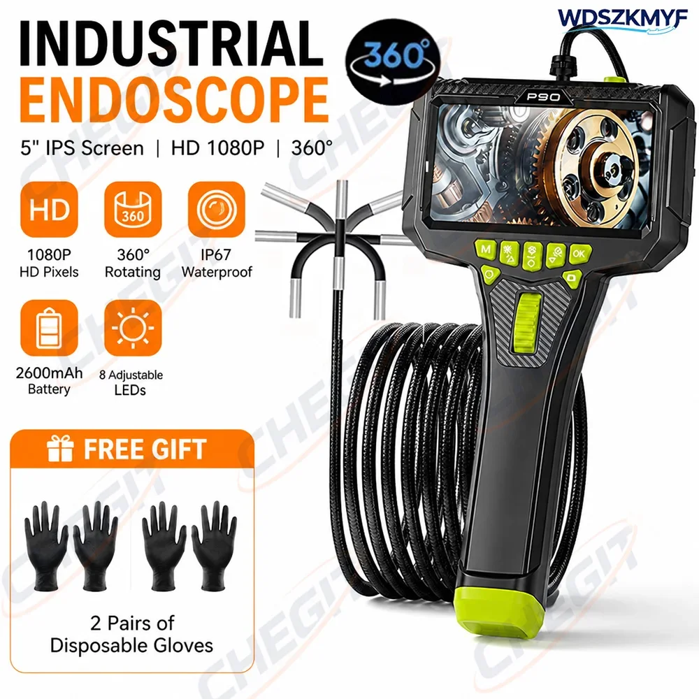 

5 Inch LCD Screen Industrial Endoscope 6mm 360° Rotatable Lens IP67 Waterproof HD Borescope For Car Pipeline Engine With Gift
