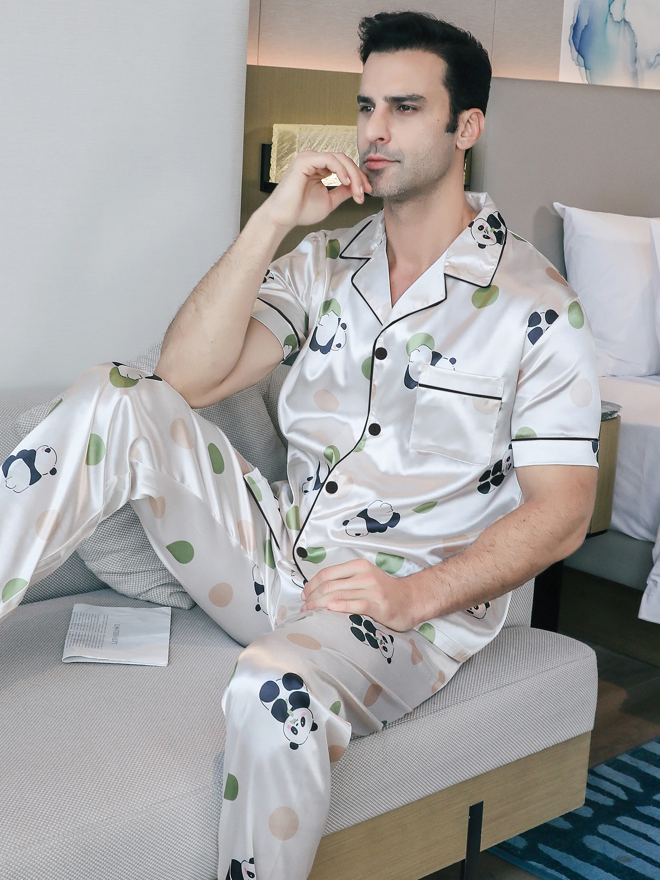 Two piece sets men's sleepwear summer short sleeved pants with panda pattern printed home clothes sleepwear set