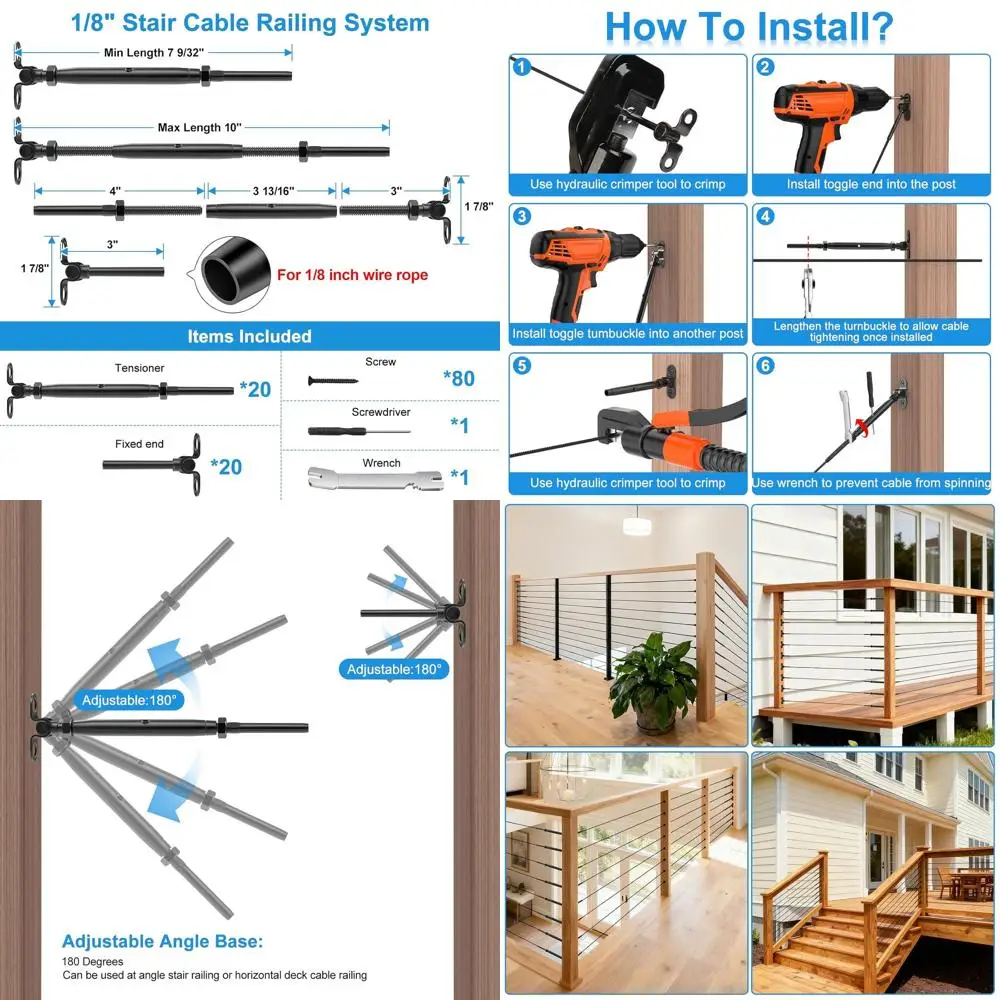 

20 Pair 1/8" Black Adjustable Angle Stair Cable Railing Kits, Swage Toggle Turnbuckle Hardware for 2"x2", 4"x4" Wood Posts, 180°