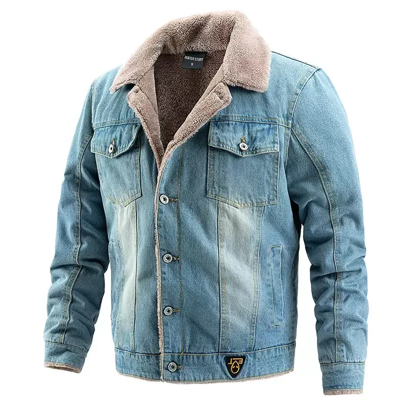 

Winter New Solid Color American Retro Plus Velvet Thick Warm Cowboy Jacket for Men's Casual Loose Sports Large Size Jacket M-3XL