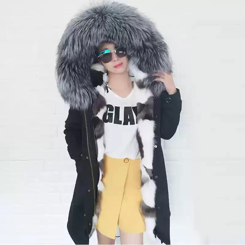 MaoMaoKong 2026 NEW Real Fur Coat Hooded Woman Winter Parkas Natural Fox Fur Collar Warm Jacket Removable Lining Female Clothing