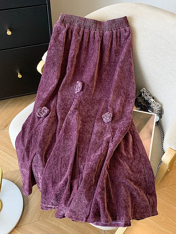 

Вельветовая бархатная юбка трапециевидной формы с высокой талией, женская осенняя модная юбка-ламба с цветочным принтом 3D, повседневная юбка-стойка