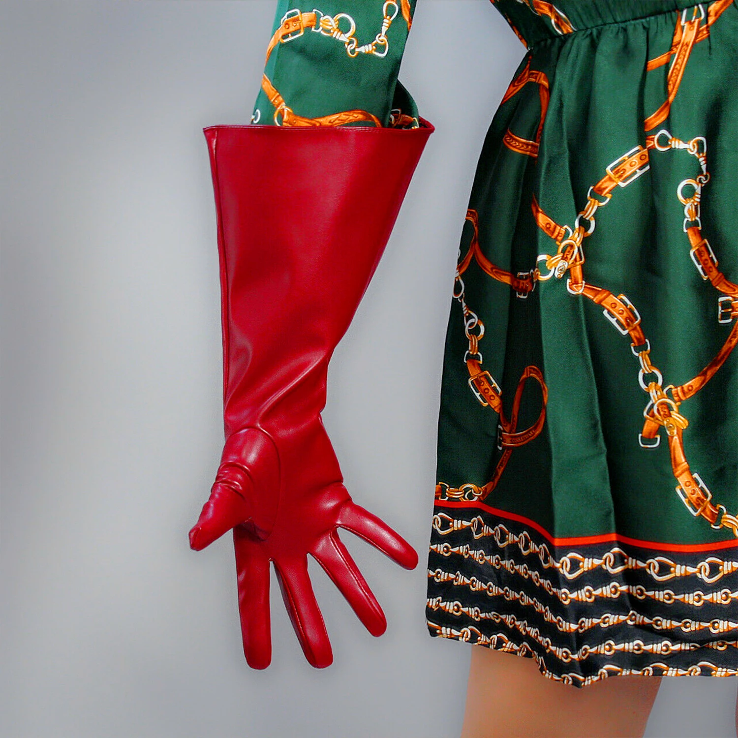 Guantes de cuero de ópera con codo rojo oscuro, vino burdeos, mangas abullonadas grandes de gran tamaño, disfraz de Halloween de PU de imitación, Cosplay de noche de moda