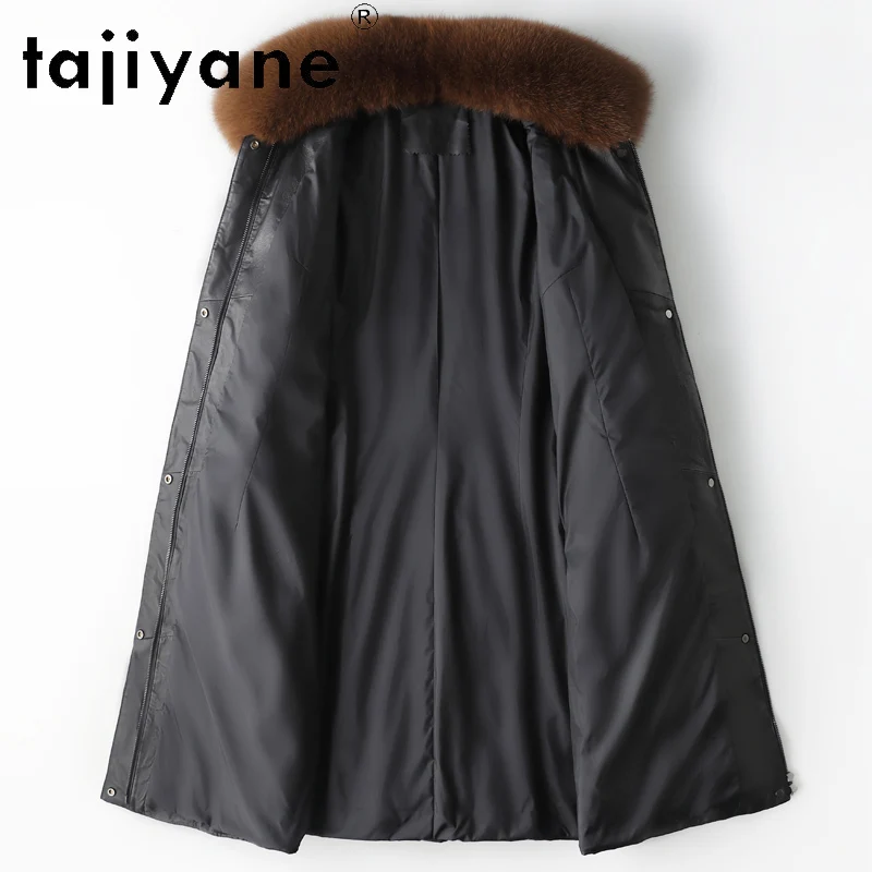 TAJIYANE 100% معطف من جلد الغنم عالي الحبوب أسود طويل من الجلد الحقيقي سترة منفوخة للنساء مع ياقة من فرو الثعلب ملابس شتوية 2025