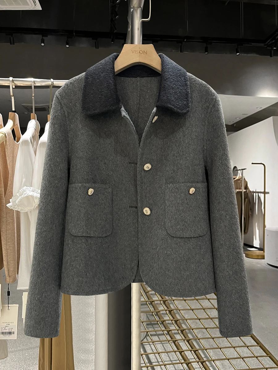 

Шерстяное твидовое пальто для женщин, модное, двустороннее, осенне-зимнее, новинка, на пуговицах, с воротником, длинный рукав