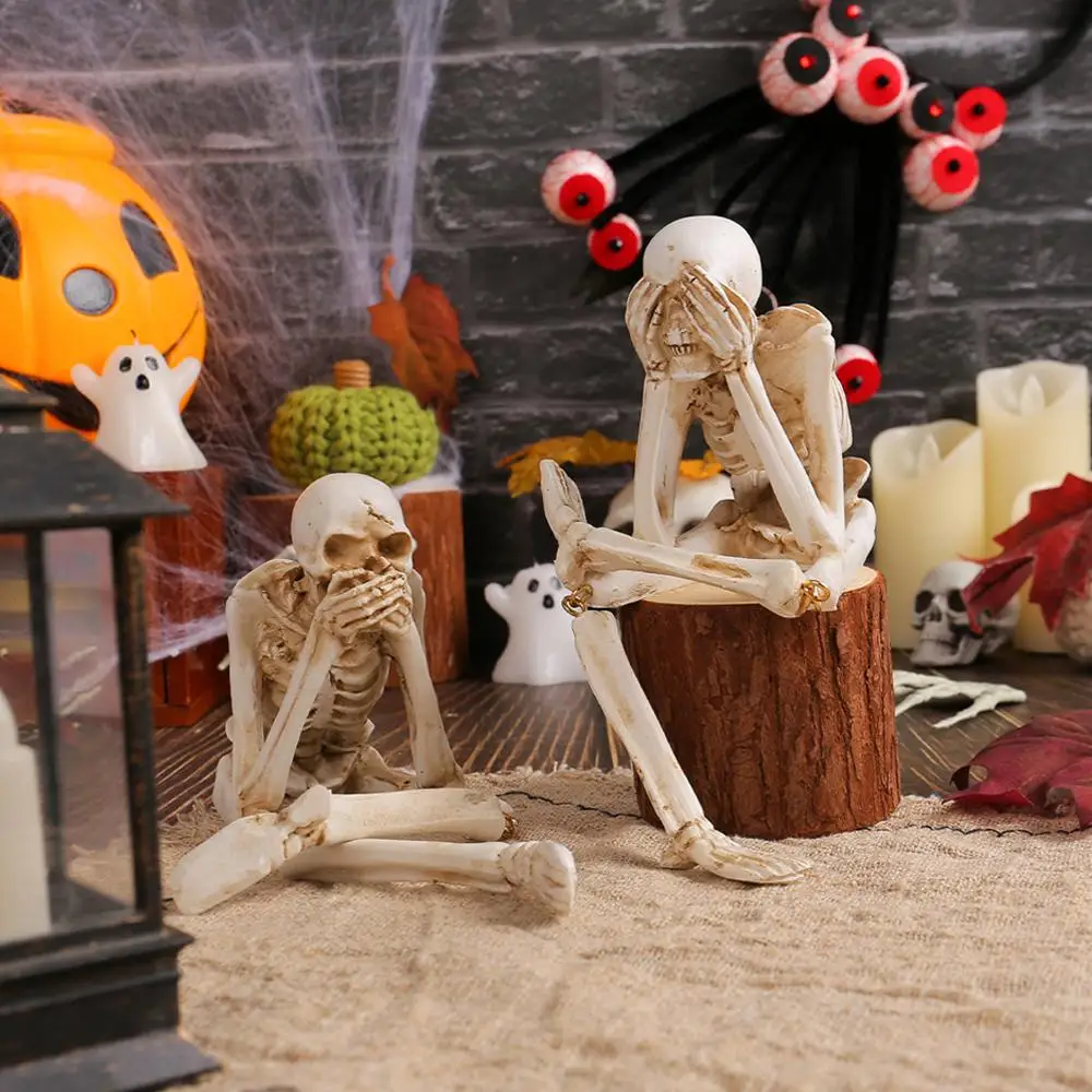 Halloween Skeleton Statues Resin No See No Hear No Speak Gothic Decor Evil Realistic Skull Decor Horror Desk for Office Decor