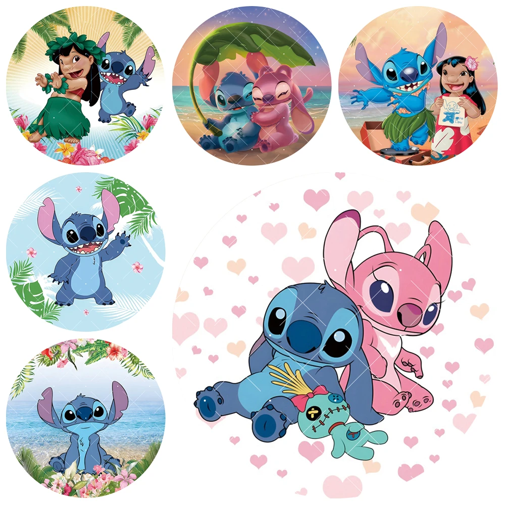 Disney Cartoon Lilo&Stitch Dancing at the Seaside Round Background Children's Birthday Baby Shower Photography Backdrop Custom