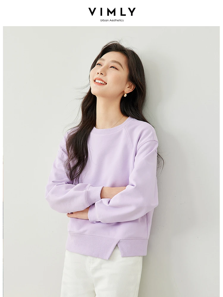 Vimly Lazy Style O-neck Women\'s Sweatshirt 2024 Spring New Split Loose Long Sleeve Tops for Woman White Cotton Pullovers M5839