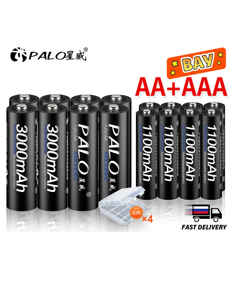 PALO 4Pcs 3000mAh 1.2V AA Rechargeable Batteries+4Pcs 1100mAh 1.2V AAA Battery NI-MH AA AAA Rechargeable Battery for Camera Toy