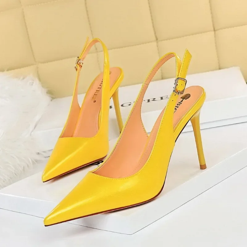 BIGTREE Women European and American Pumps Pointed Toe Solid Patent Leather 9.5CM Thin Heels Back Strap Dress Fashion Woman Shoes