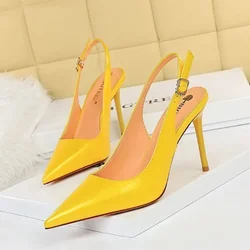 BIGTREE Women European and American Pumps Pointed Toe Solid Patent Leather 9.5CM Thin Heels Back Strap Dress Fashion Woman Shoes