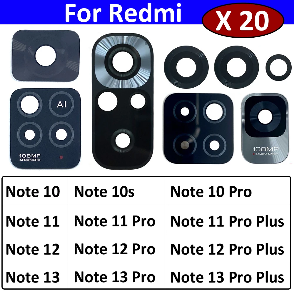 20Pcs, Camera Glass Lens Back Rear Camera Glass Lens with Adhesive Sticker For Redmi Note 10 10s 11 12 13 Pro Plus 4G 5G