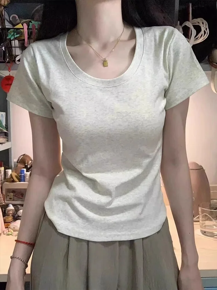 

Korean Style Women's Short Sleeve T-Shirt Shoulder Width Regular High Waist Loose Fit Summer Top U-Neck Short Length Bone Exp...