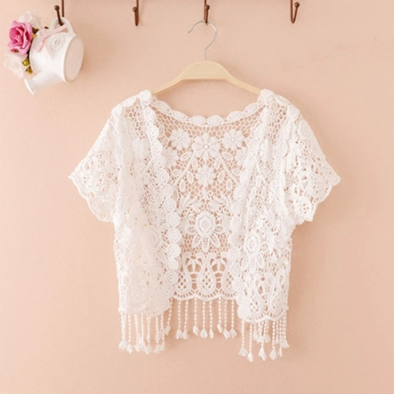 Womens Summer Short Sleeve Tassels Lace Cardigan Floral Crochet Beach Cover Up Shrugs Open Front Crop Jackets