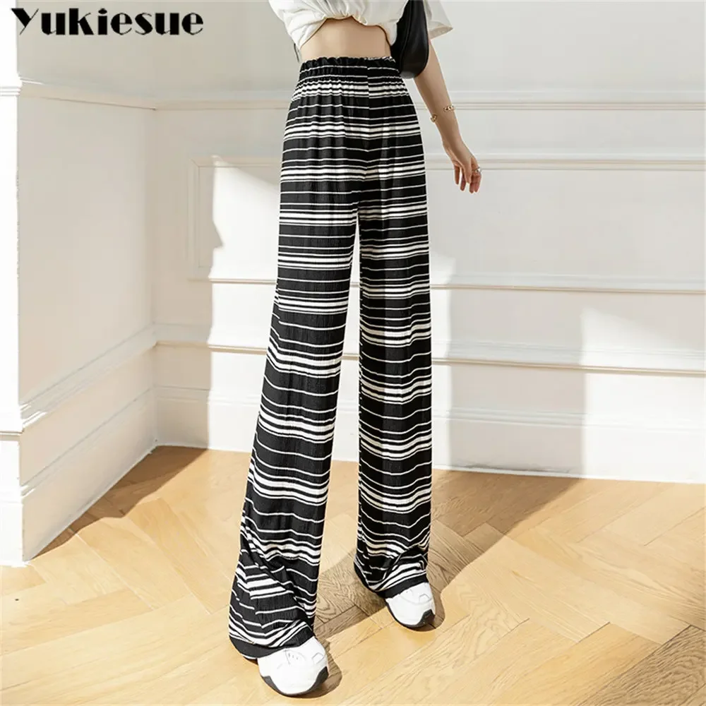 

Summer Women's New Korean Vintage Fashion High Waist Thin Section Temperament Versatile Contrast Stripe Drooping Wide Leg Pants