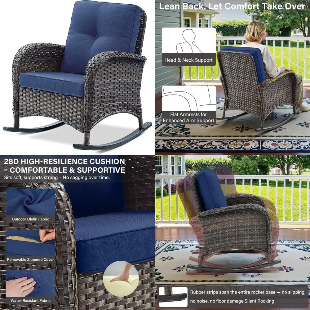 Outdoor Wicker Rocking Chair with Cushion, Brown/Blue, Suitable for Patio, Deck, and Balcony
