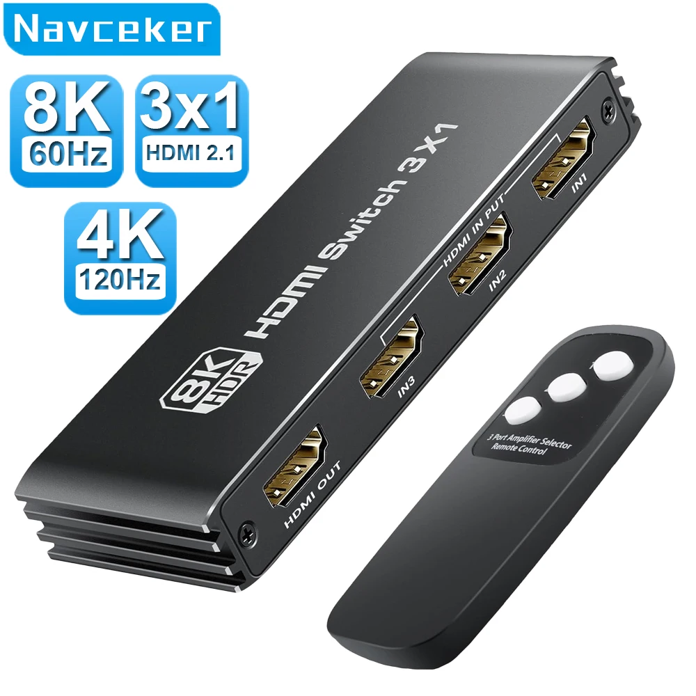 Navceker HDMI 2.1 Switcher 8K 60Hz 4K120Hz HDMI uyumlu Switch 3 in 1 Out Xbox PS5 monitörler için uzaktan kumanda dönüştürücü ile