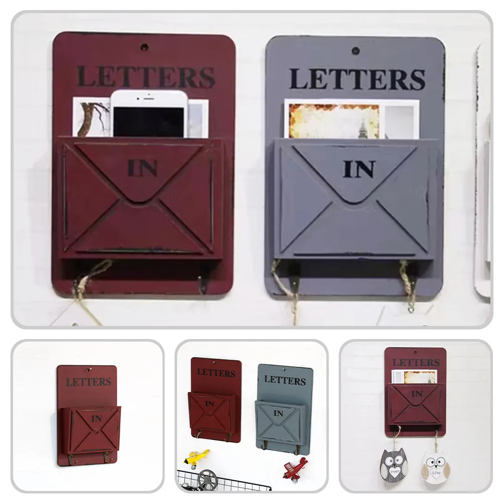 Wall Hanging Storage Rack Retro Artistic Wall Mail Holder Key Hooks Decorative Mail Box for Living Room Kitchen Hallway Utility
