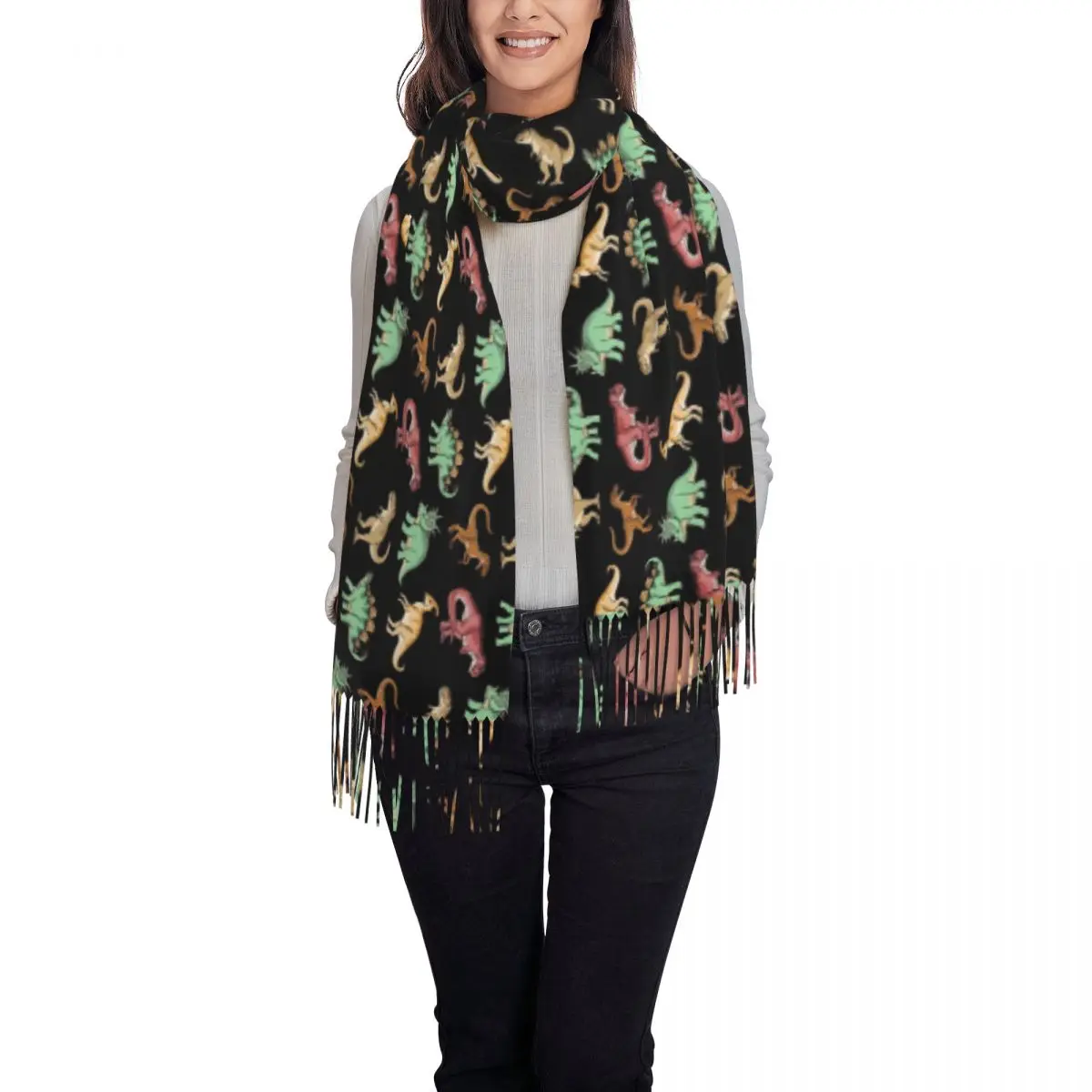 Colorful Dinosaur Scarf Long Tassel Animal Warm Soft Shawls and Wraps Ladies Designer Headwear Scarves Winter Fashion Bandana
