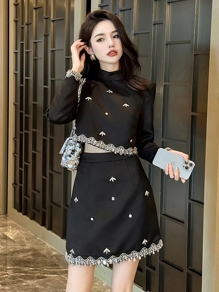 

Trendy Y2K Ladies Elegant Luxury Black Hotsweet 2 Piece Outfit Women Clothes Cropped Tops Blouse Coat Mini Skirt Mujer Short Set