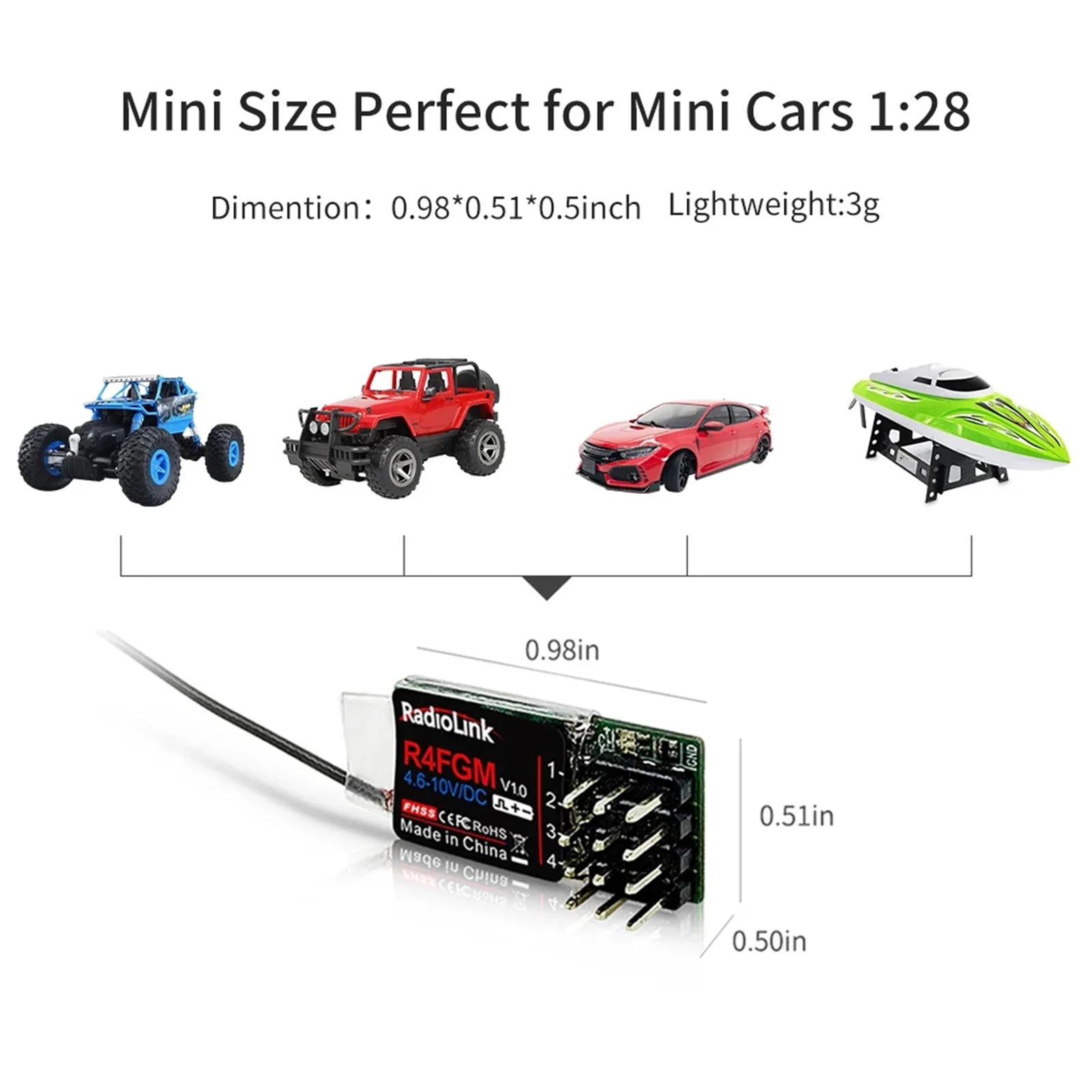 Radiolink R4FGM 4 Channel Mini Receiver with Gyro for Radio RC4GS V2 RC6GS V2 Remote Controler 1:28 1:64 RC Drift Car