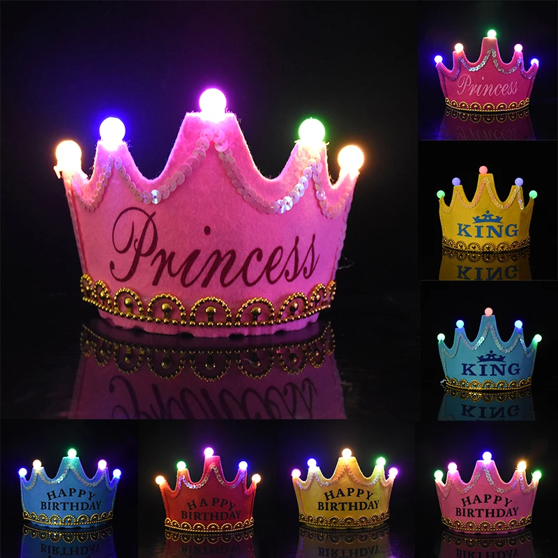 LED King Princess Crown Hat Birthday Party Glowing Headband Photo Props Dress Up Girls Boys Gifts Supplies Baby Shower Decor