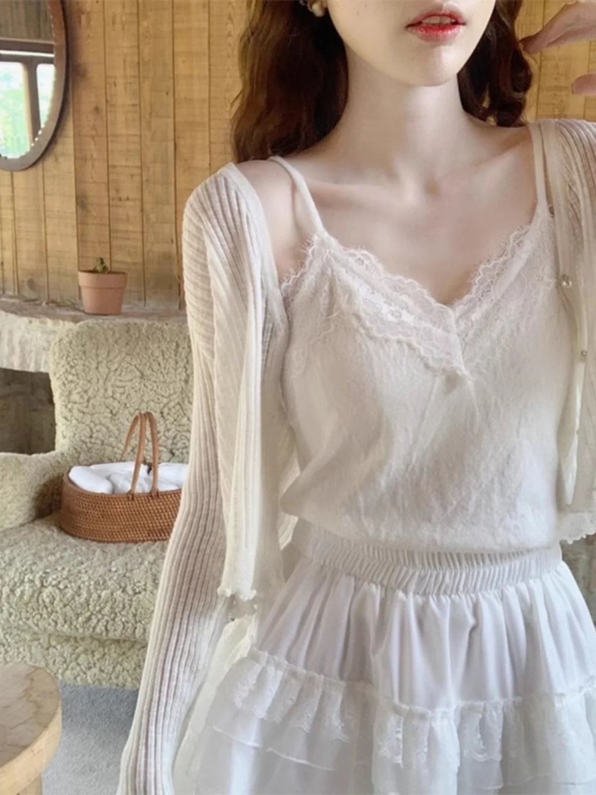 Summer Knitted Ice Silk Sun Protection Cardigan Women's Thin Shawl Top with Sling Skirt Short Outerwear Air Conditioner Cover...