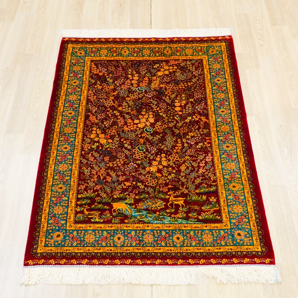 1x1.5m Antique Oriental Deer Design Carpet Exquisite Hand Knotted Persian Silk Rug (TJ800A)