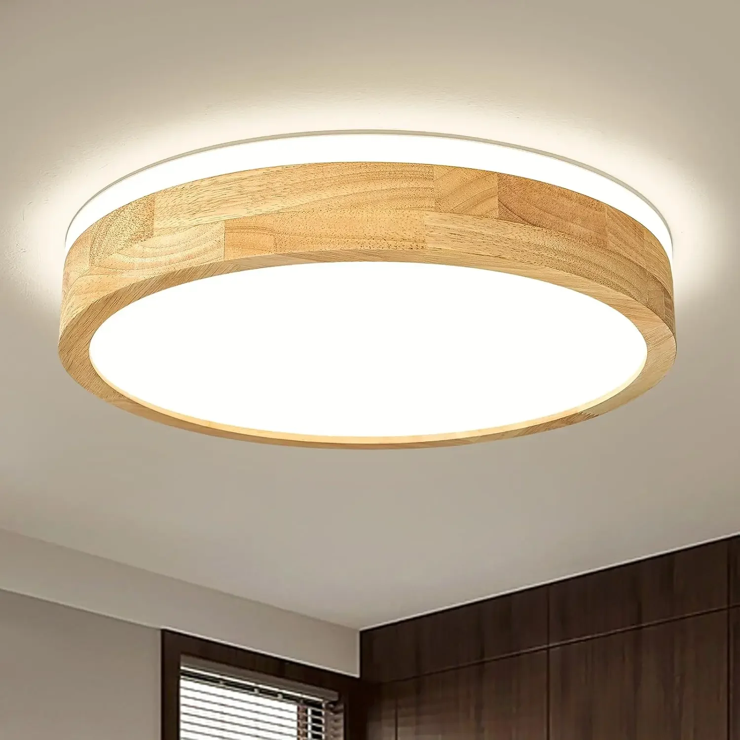 

Modern Dimmable Wood Flush Mount Ceiling Light, 2700K-6000K 5CCT Round Close to Ceiling Lighting Fixtures, Minimalist LED Ceilin