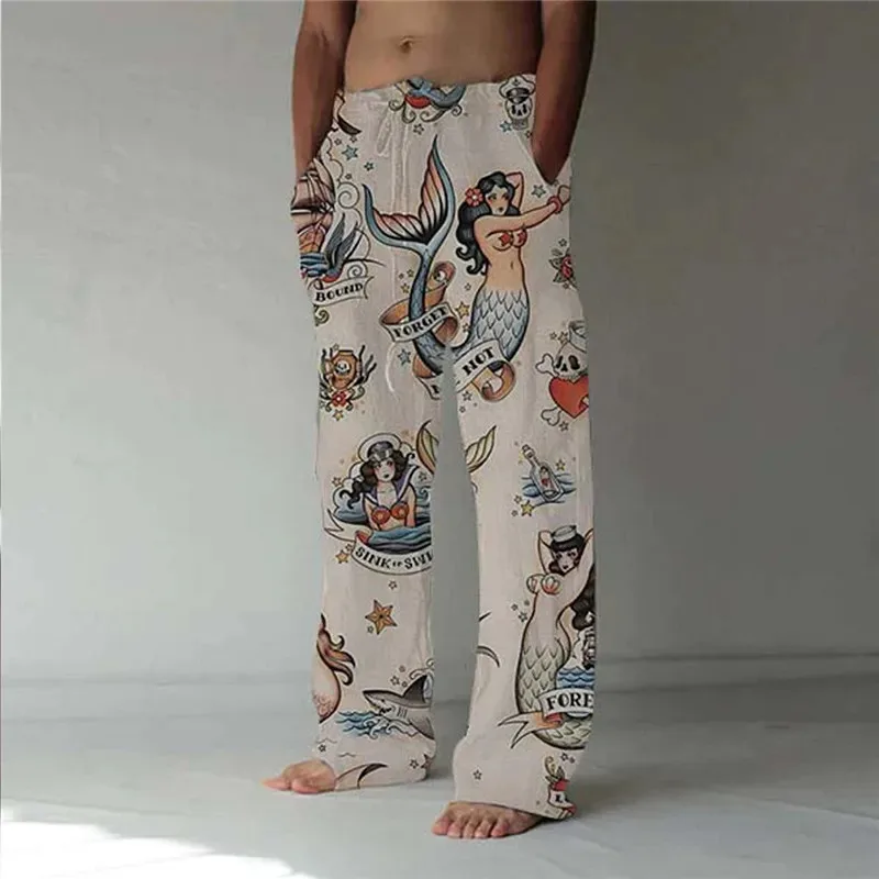 Summer Men's Fashion Trend 3D Printed Wide Leg Pants Hawaiian Style Beach Pants Vacation Casual Loose Pants
