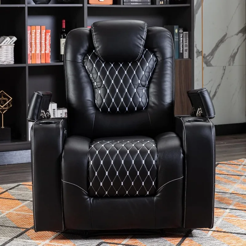 Power Recliner Chair with USB Ports and Cup Holders - Overstuffed Electric Home Theater Seating PU Leather Reclining Furniture